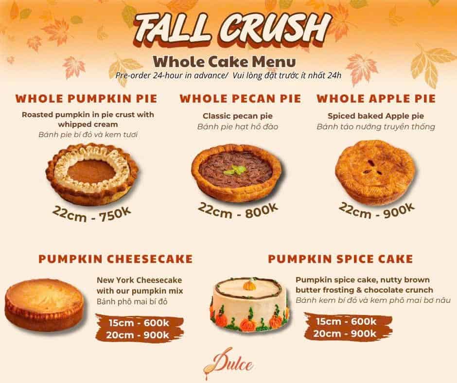Fall Crush whole cake menu at Dulce de Saigon: pumpkin, pecan and apple pies, pumpkin cheesecake and pumpkin spice cake